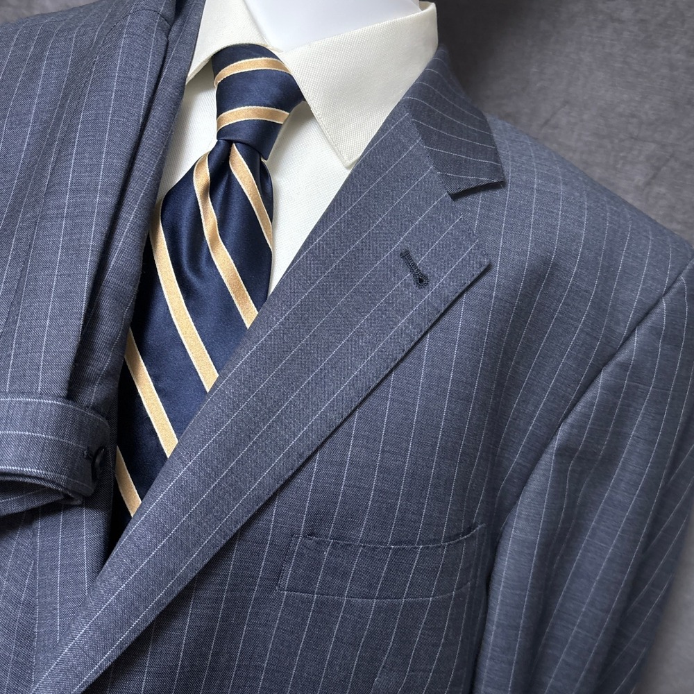 Baroni Couture Suit 48R 42W Blue Pinstripe Wool 150s FF 50L Classic Business